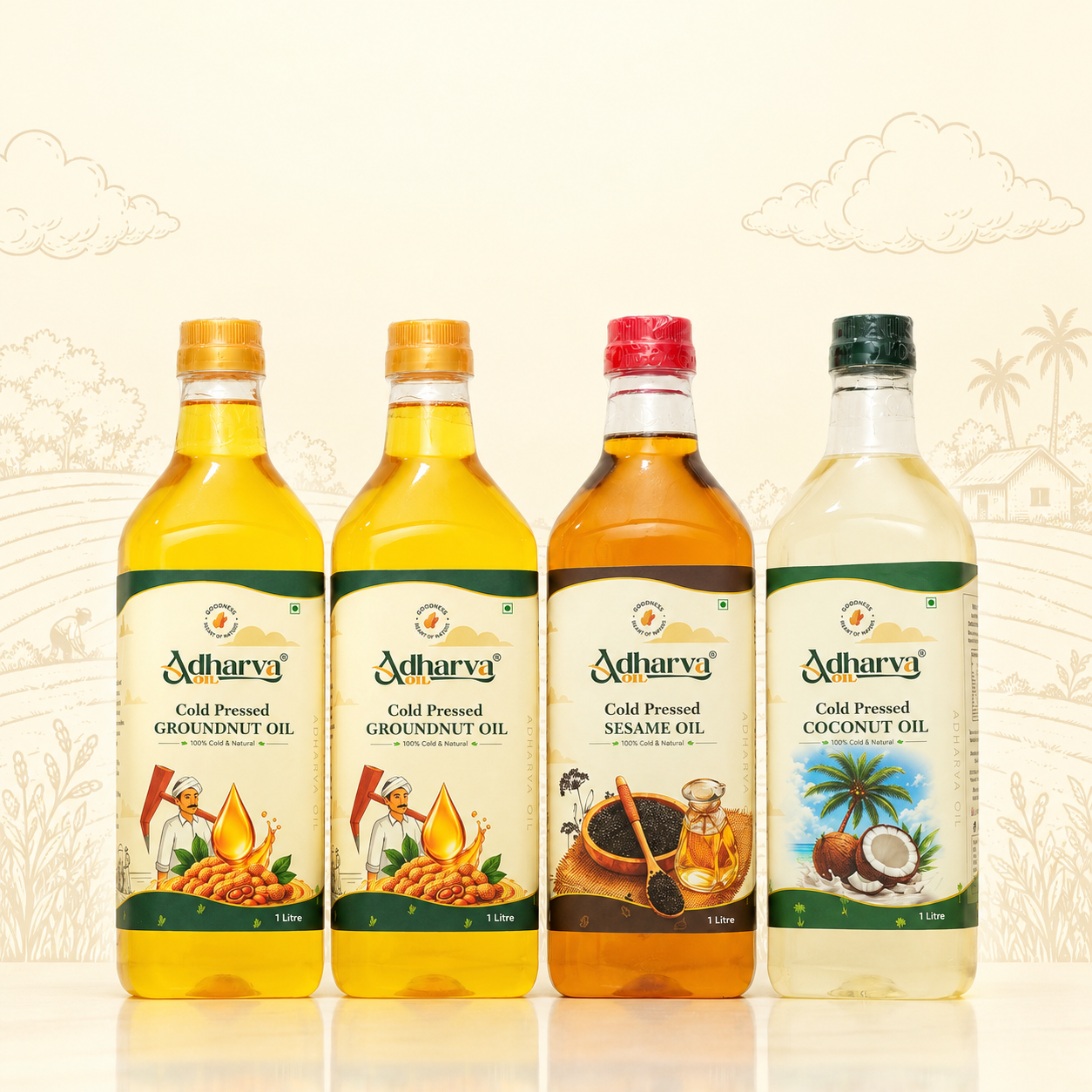 Groundnut Oil-1 litre-2 Bottle |Sesame Oil-1 litre- 1 Bottle |Coconut Oil-1 litre- 1 Bottle